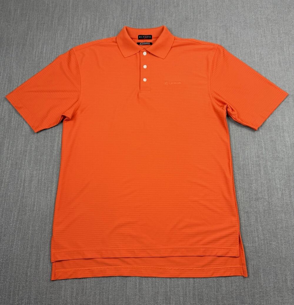 Divots DriWay Golf Polo Shirt Men’s Medium Orange Lexus Logo Performance